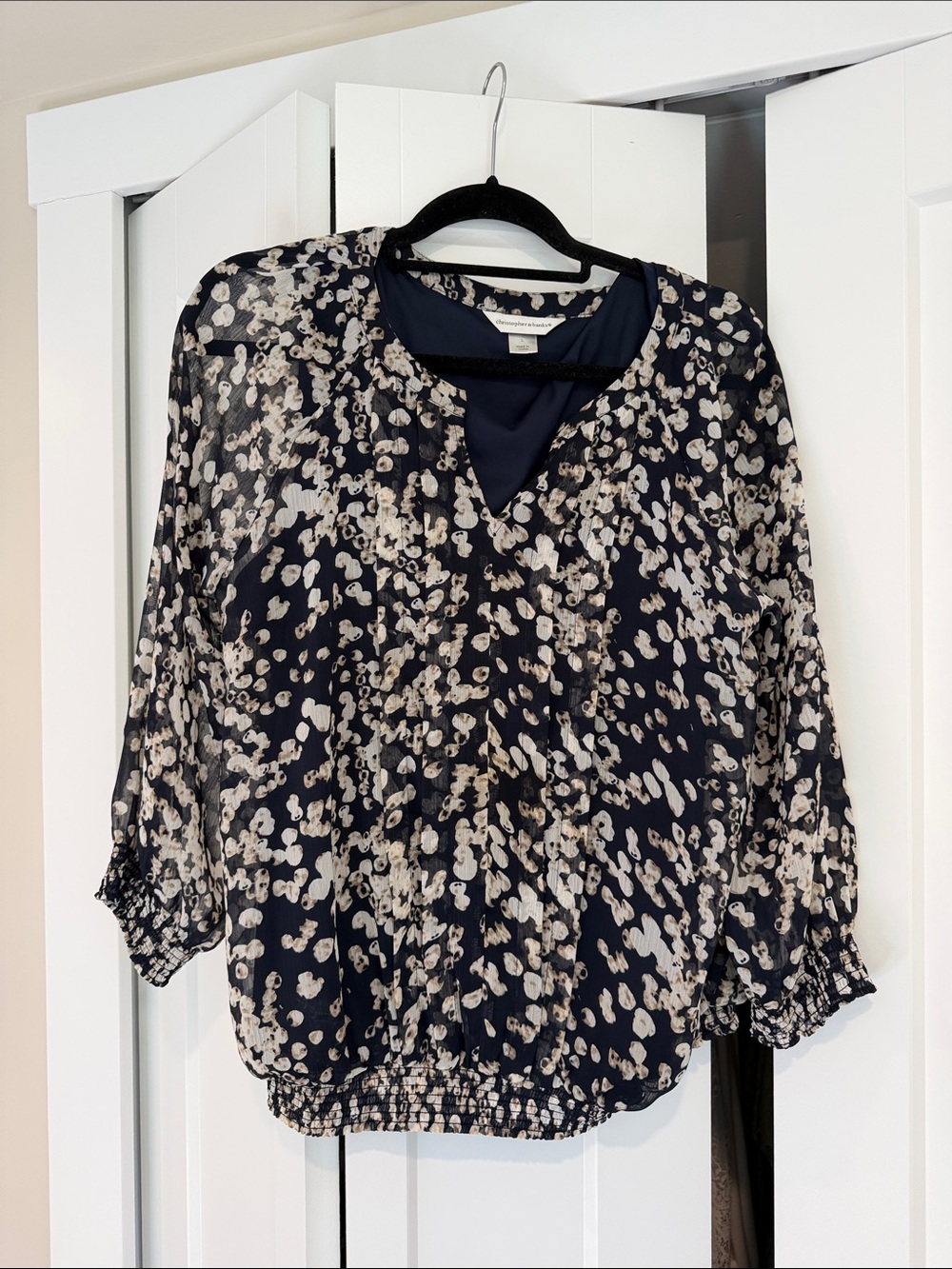 Christopher & Banks Navy and Cream Printed Long-Sleeve Blouse